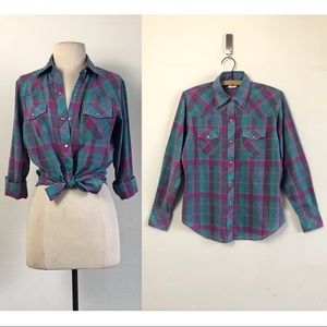 vtg plaid snap western shirt button up cowgirl